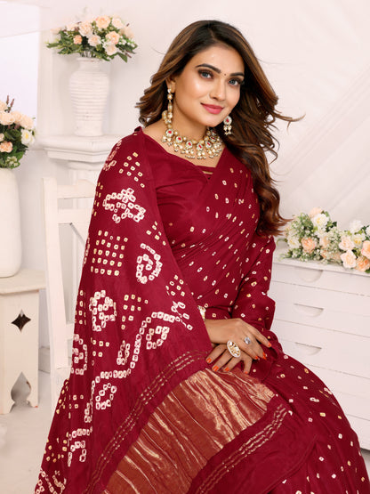 Maroon Bandhej Bandhani Saree Misco Gaji Dani Lagadi Patto