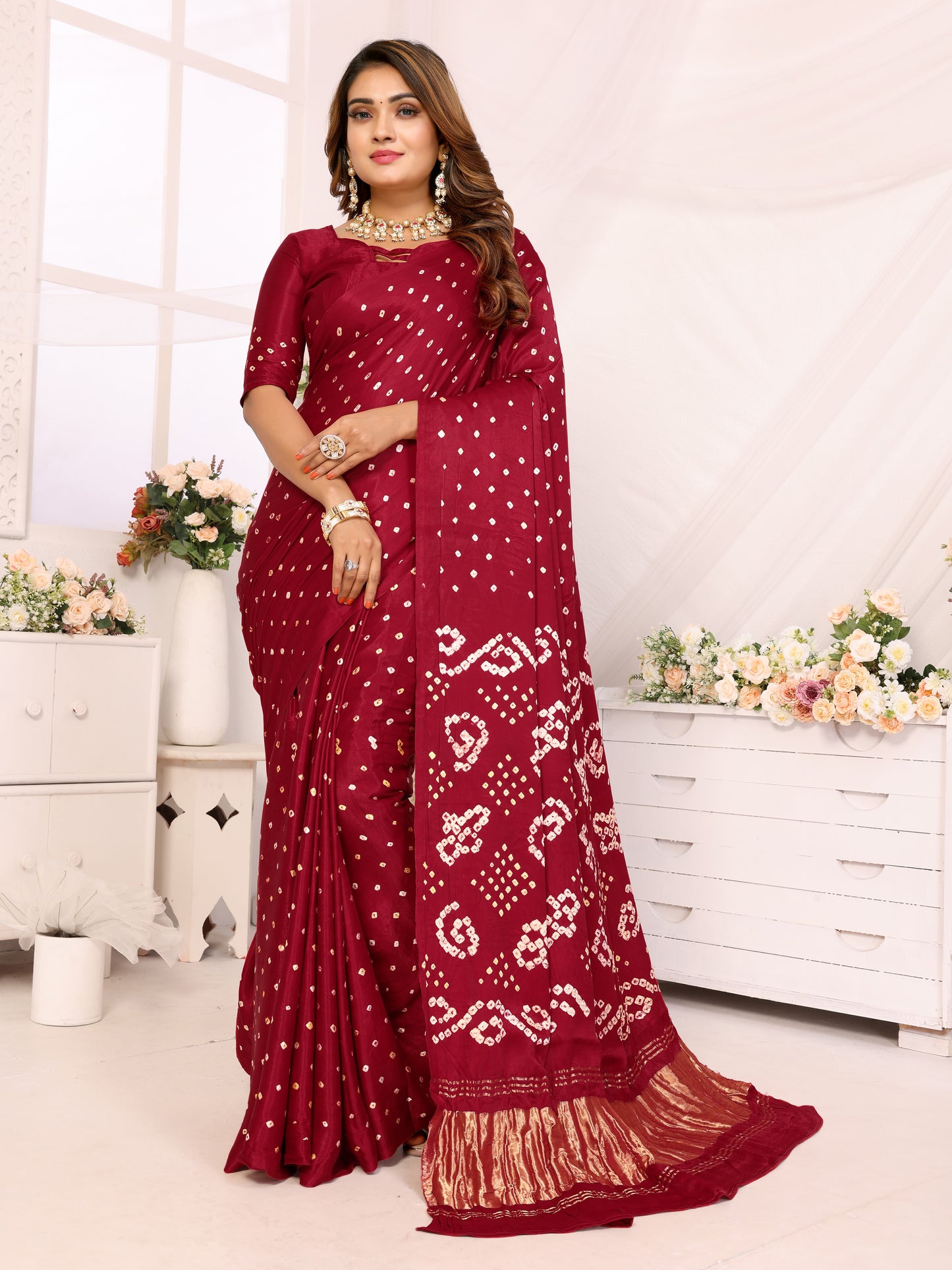 Maroon Bandhej Bandhani Saree Misco Gaji Dani Lagadi Patto