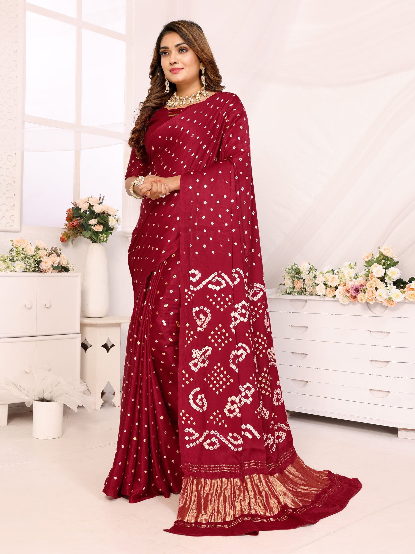 Maroon Bandhej Bandhani Saree Misco Gaji Dani Lagadi Patto