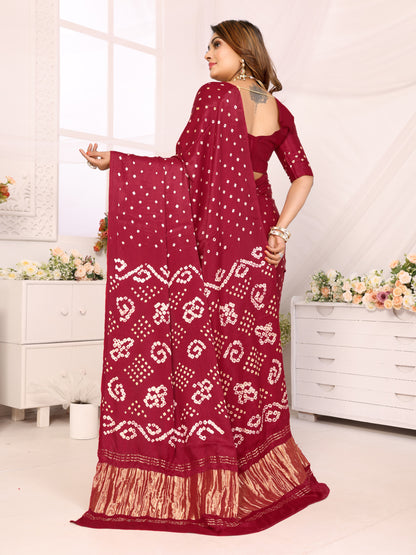 Maroon Bandhej Bandhani Saree Misco Gaji Dani Lagadi Patto