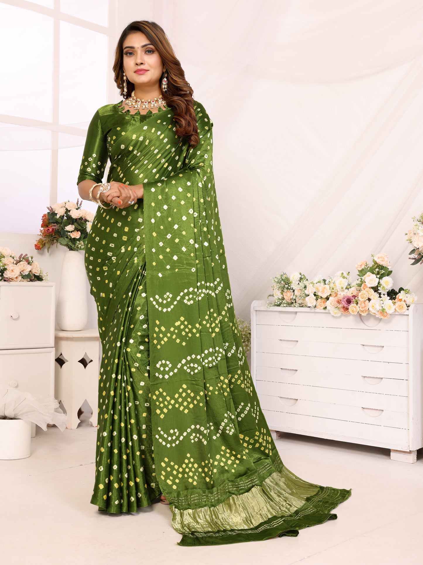 Green Bandhej Bandhani Saree Misco Gaji Dani Lagadi Patto