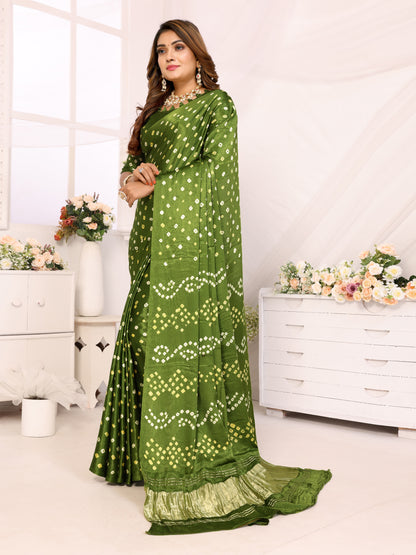 Green Bandhej Bandhani Saree Misco Gaji Dani Lagadi Patto