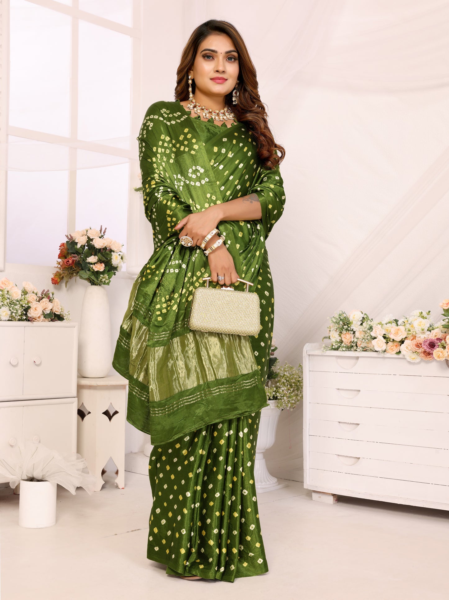 Green Bandhej Bandhani Saree Misco Gaji Dani Lagadi Patto