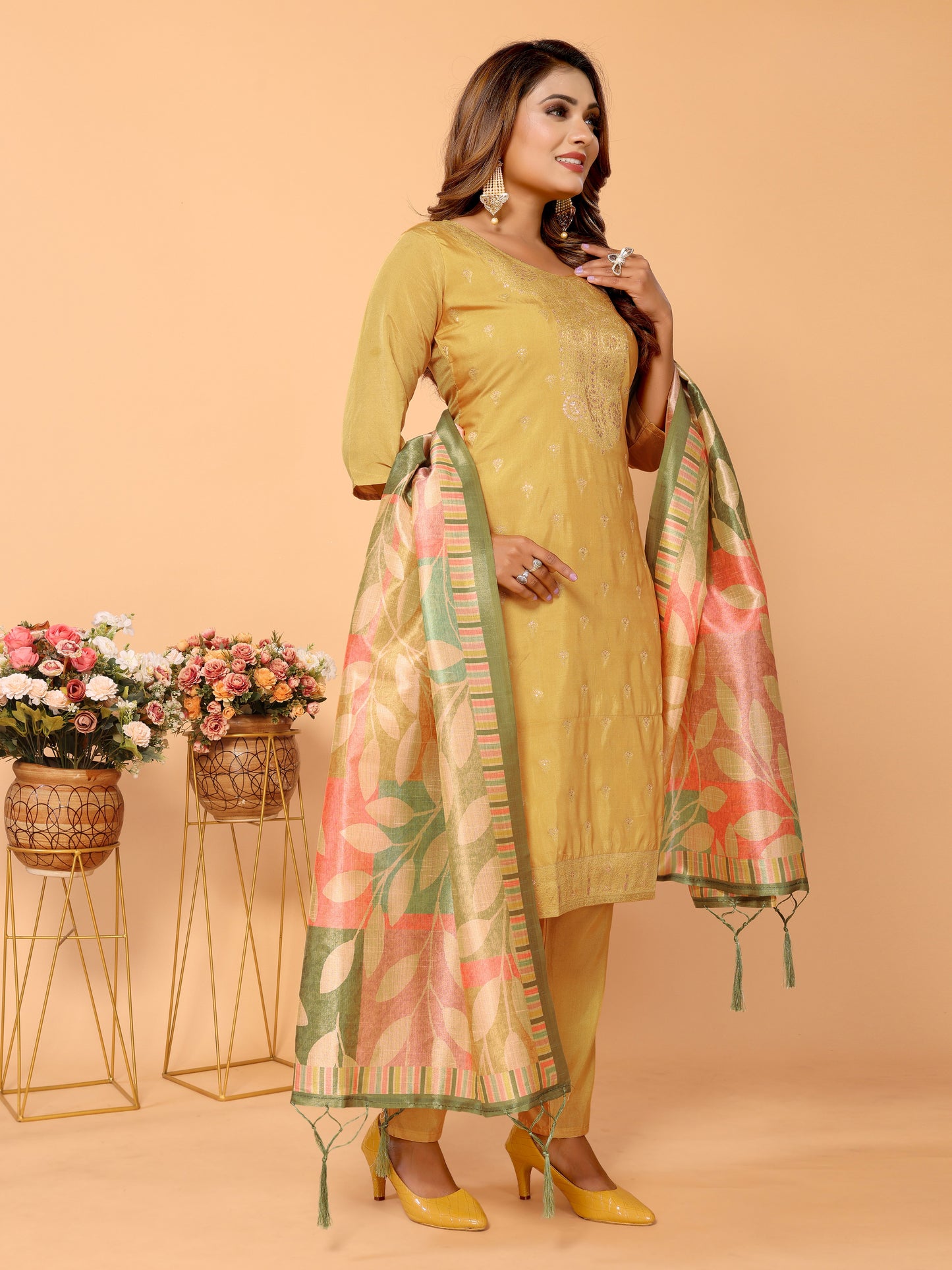 Yellow Pure Viscose Kurta set with Dupatta