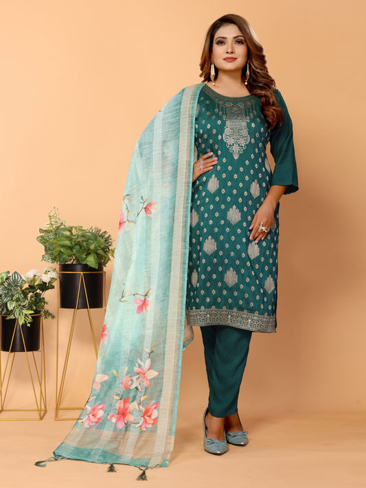 Cyan Ethnic Motifs Woven Design Kurta set with Dupatta