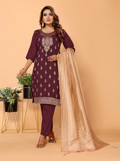 Wine Ethnic Motifs Viscose Kurta set with Dupatta