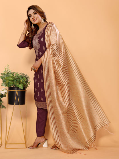 Wine Ethnic Motifs Viscose Kurta set with Dupatta