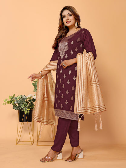 Wine Ethnic Motifs Viscose Kurta set with Dupatta