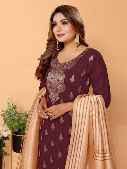 Wine Ethnic Motifs Viscose Kurta set with Dupatta