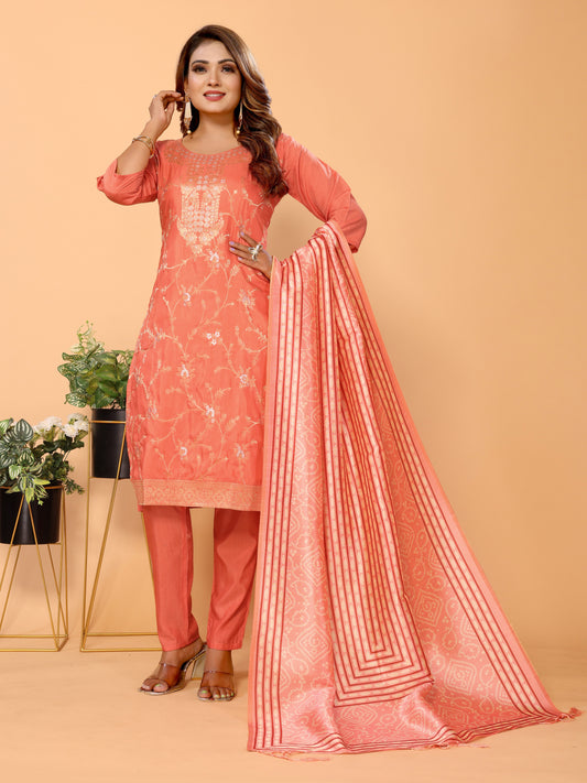 Peach Floral Woven Design Viscose Kurta set with Dupatta