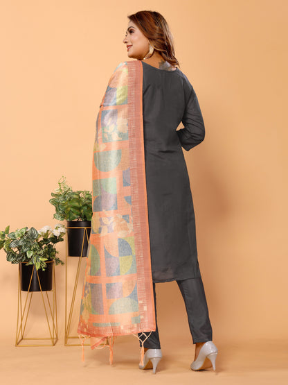 Grey Ethnic Motifs Woven Design Viscose Kurta Set with Dupatta