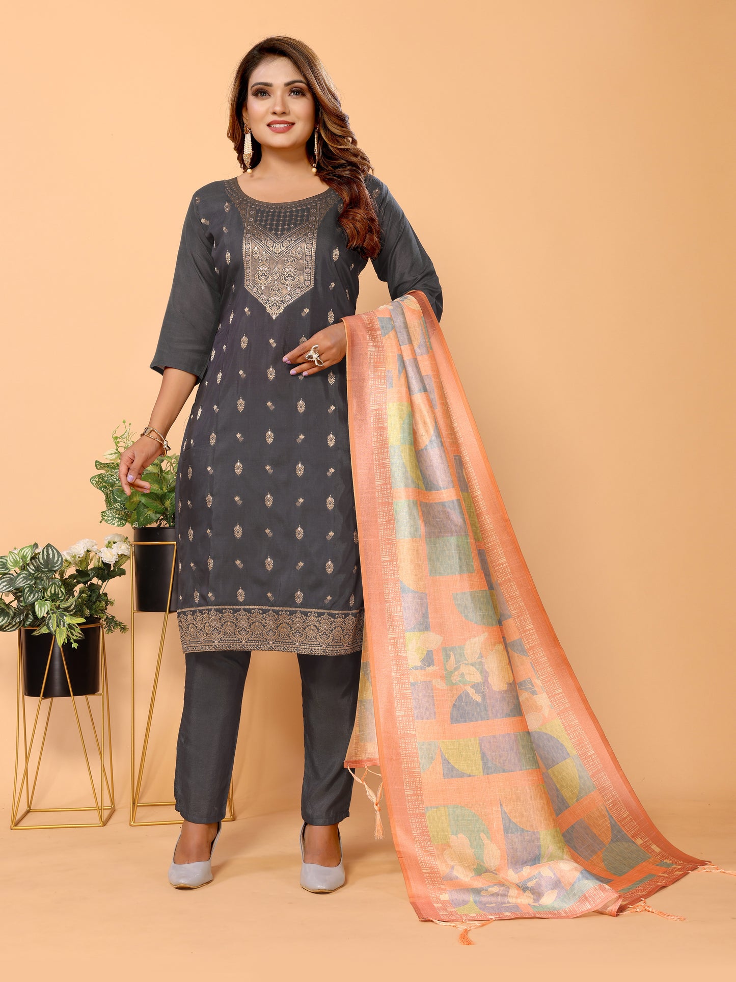 Grey Ethnic Motifs Woven Design Viscose Kurta Set with Dupatta