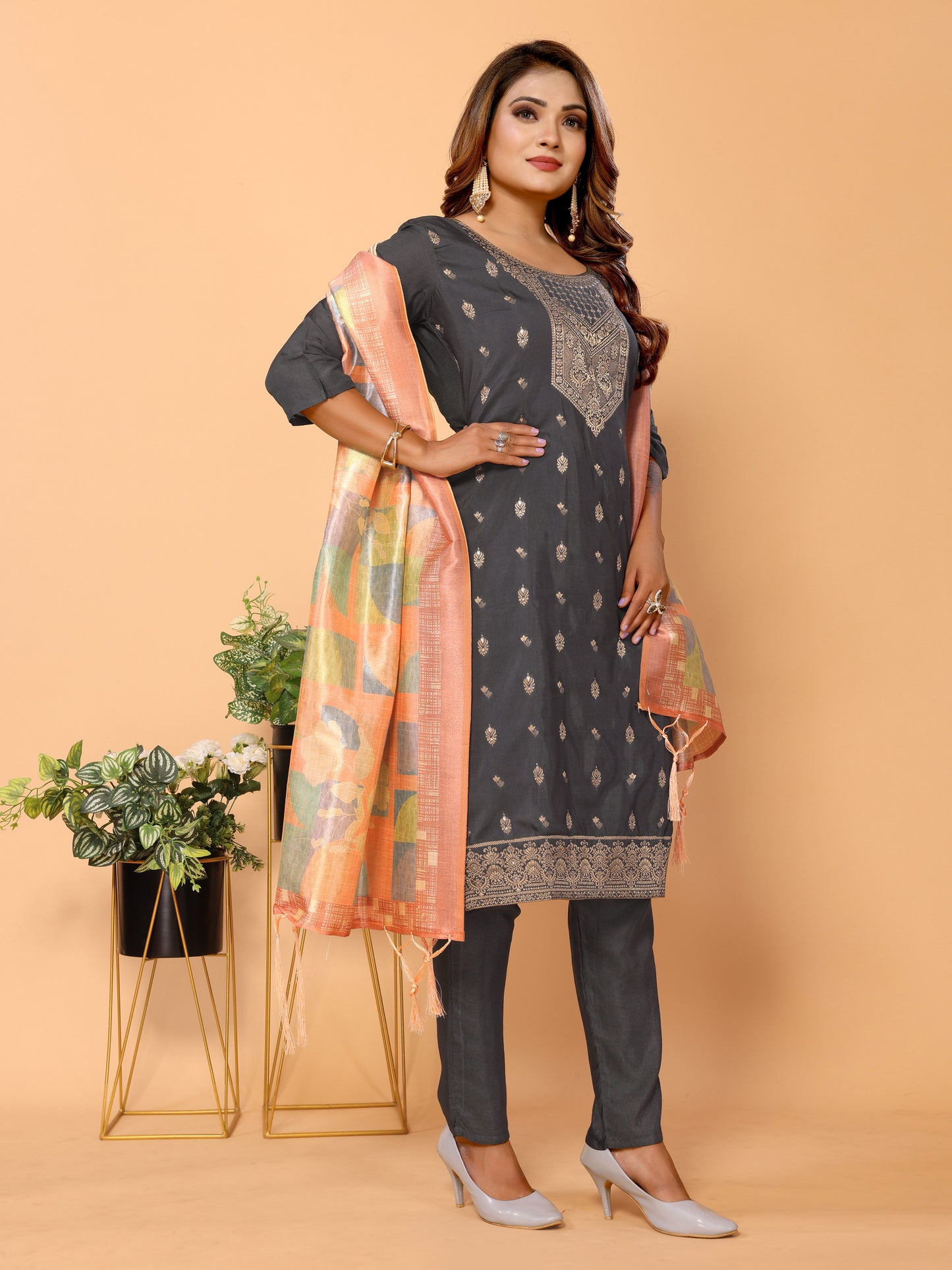 Grey Ethnic Motifs Woven Design Viscose Kurta Set with Dupatta