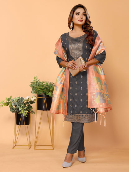 Grey Ethnic Motifs Woven Design Viscose Kurta Set with Dupatta