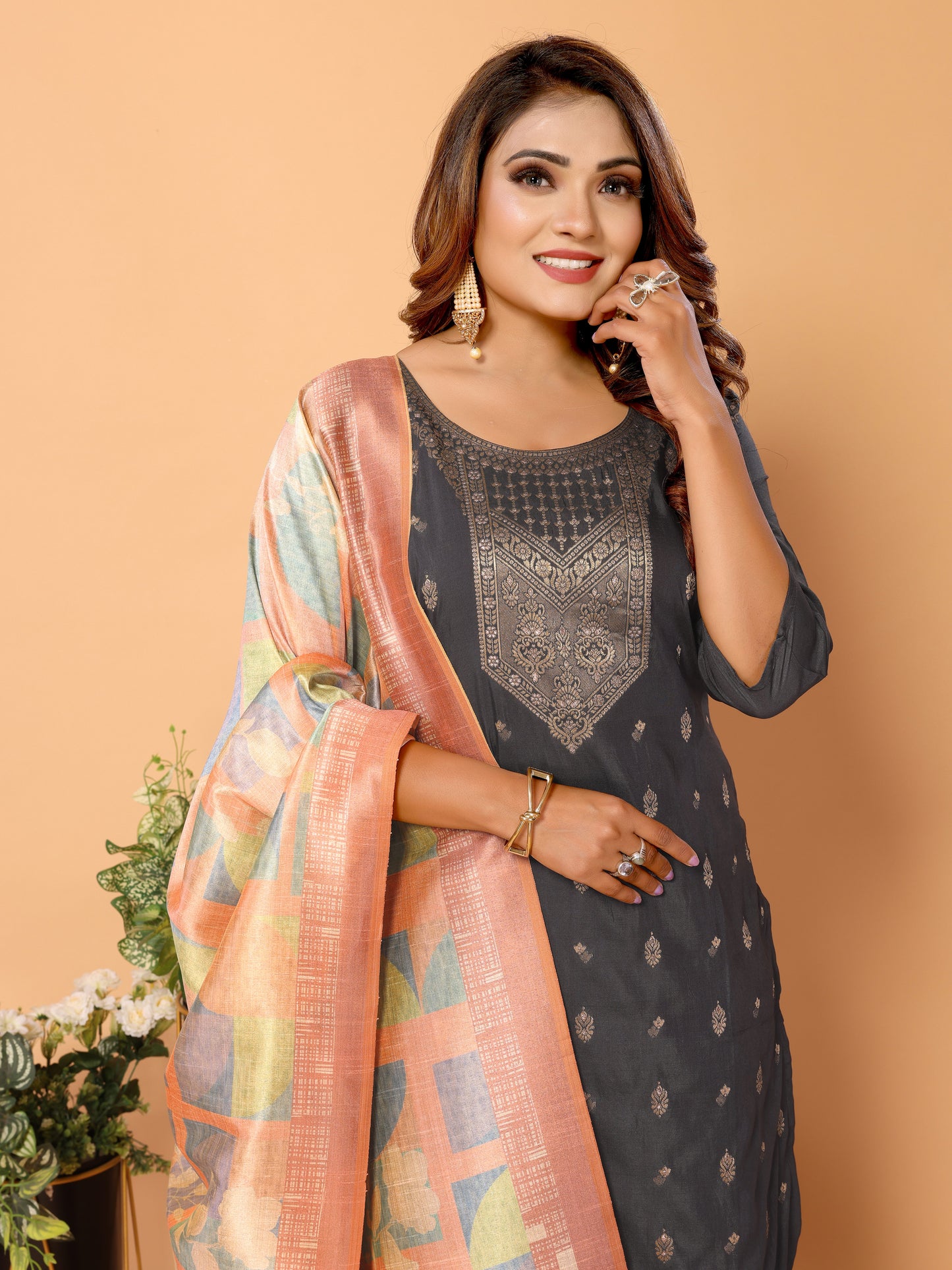 Grey Ethnic Motifs Woven Design Viscose Kurta Set with Dupatta