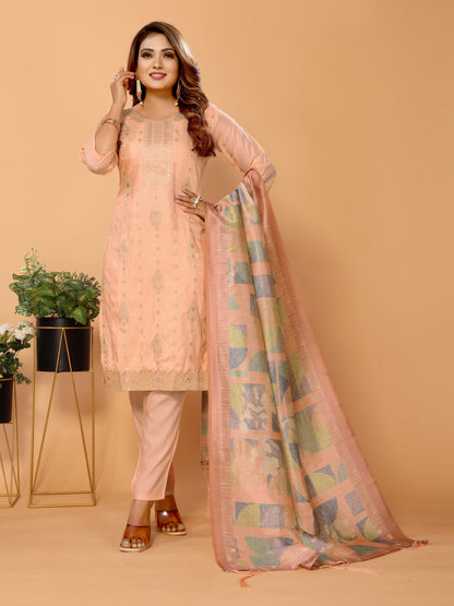 Peach Ethnic Motifs Woven Design Viscose Kurta set with Dupatta