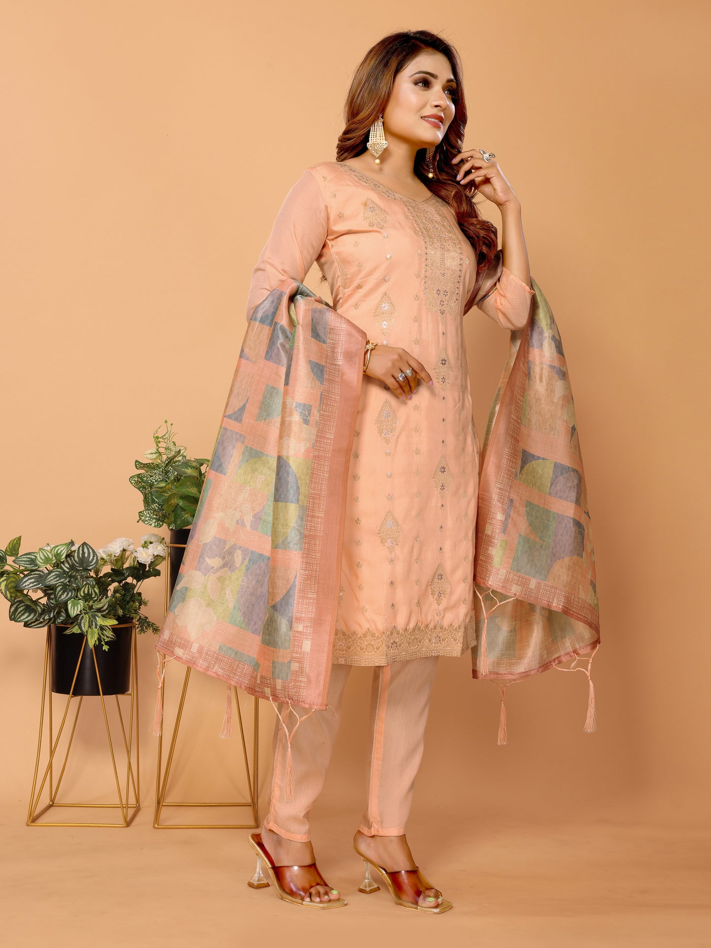 Peach Ethnic Motifs Woven Design Viscose Kurta set with Dupatta