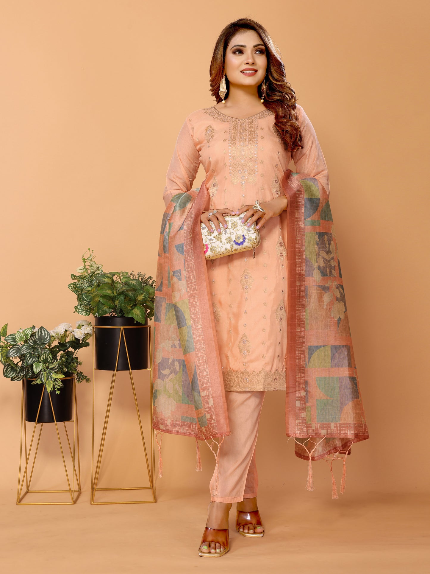 Peach Ethnic Motifs Woven Design Viscose Kurta set with Dupatta