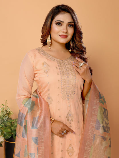 Peach Ethnic Motifs Woven Design Viscose Kurta set with Dupatta