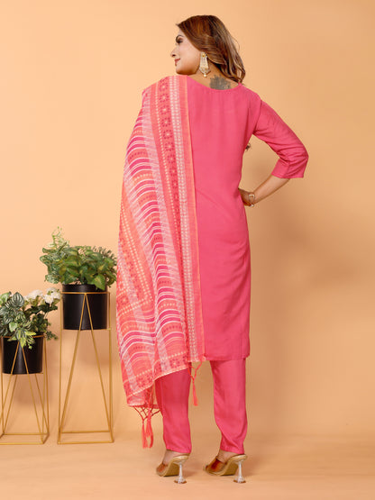 Pink Ethnic Motifs Woven Design Viscose Kurta set with Dupatta