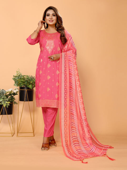 Pink Ethnic Motifs Woven Design Viscose Kurta set with Dupatta