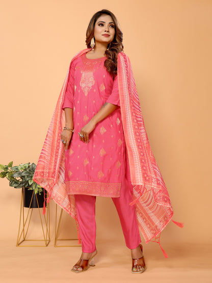 Pink Ethnic Motifs Woven Design Viscose Kurta set with Dupatta