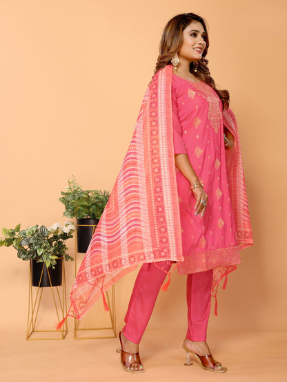 Pink Ethnic Motifs Woven Design Viscose Kurta set with Dupatta