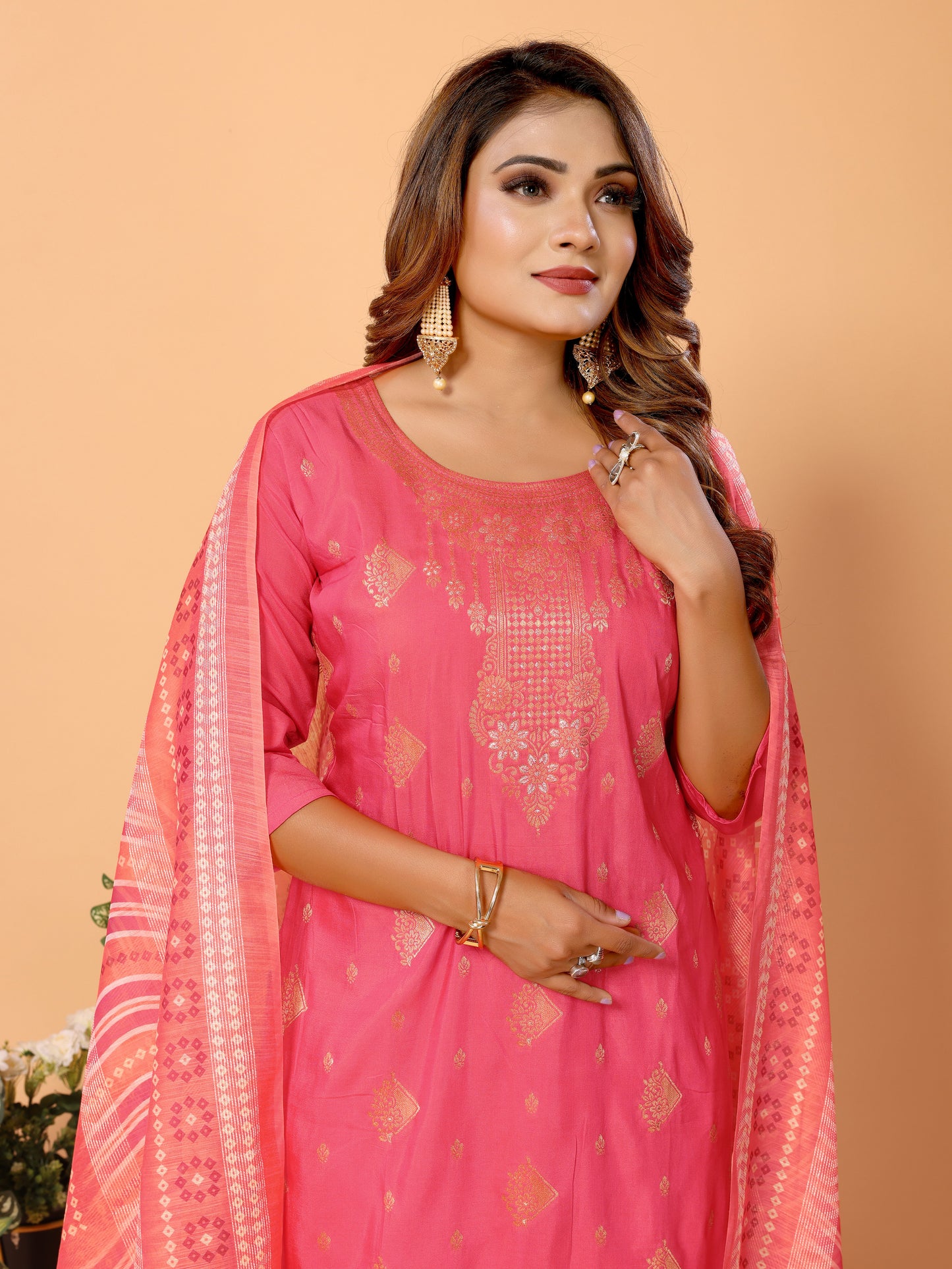 Pink Ethnic Motifs Woven Design Viscose Kurta set with Dupatta