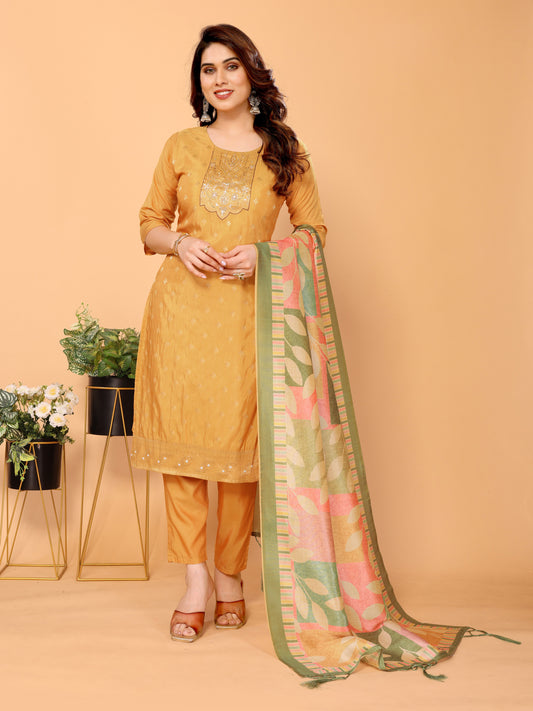 Mustard Ethnic Motifs Viscose Kurta set with Dupatta