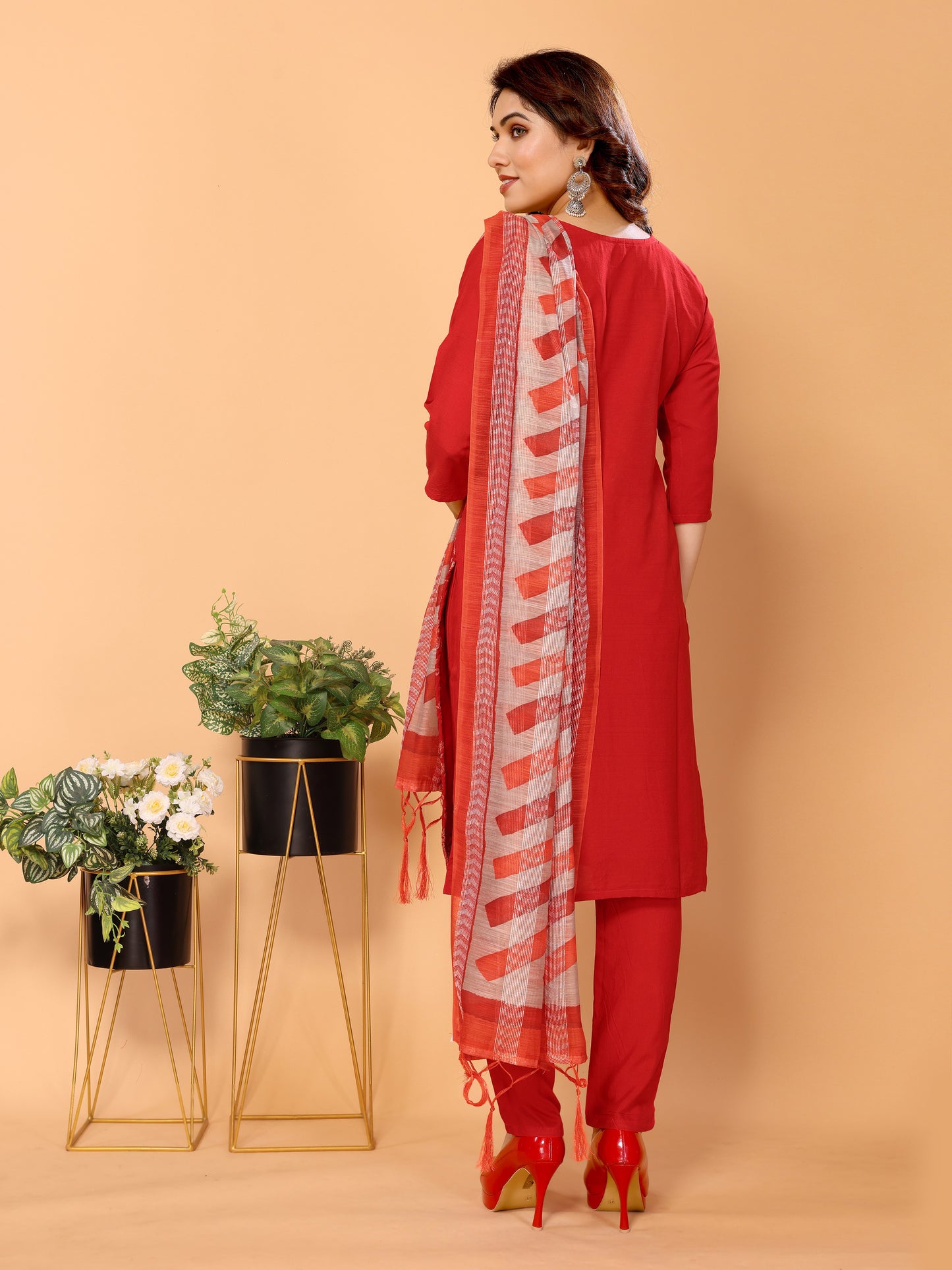 Red Floral Woven Design Viscose Kurta set with Dupatta