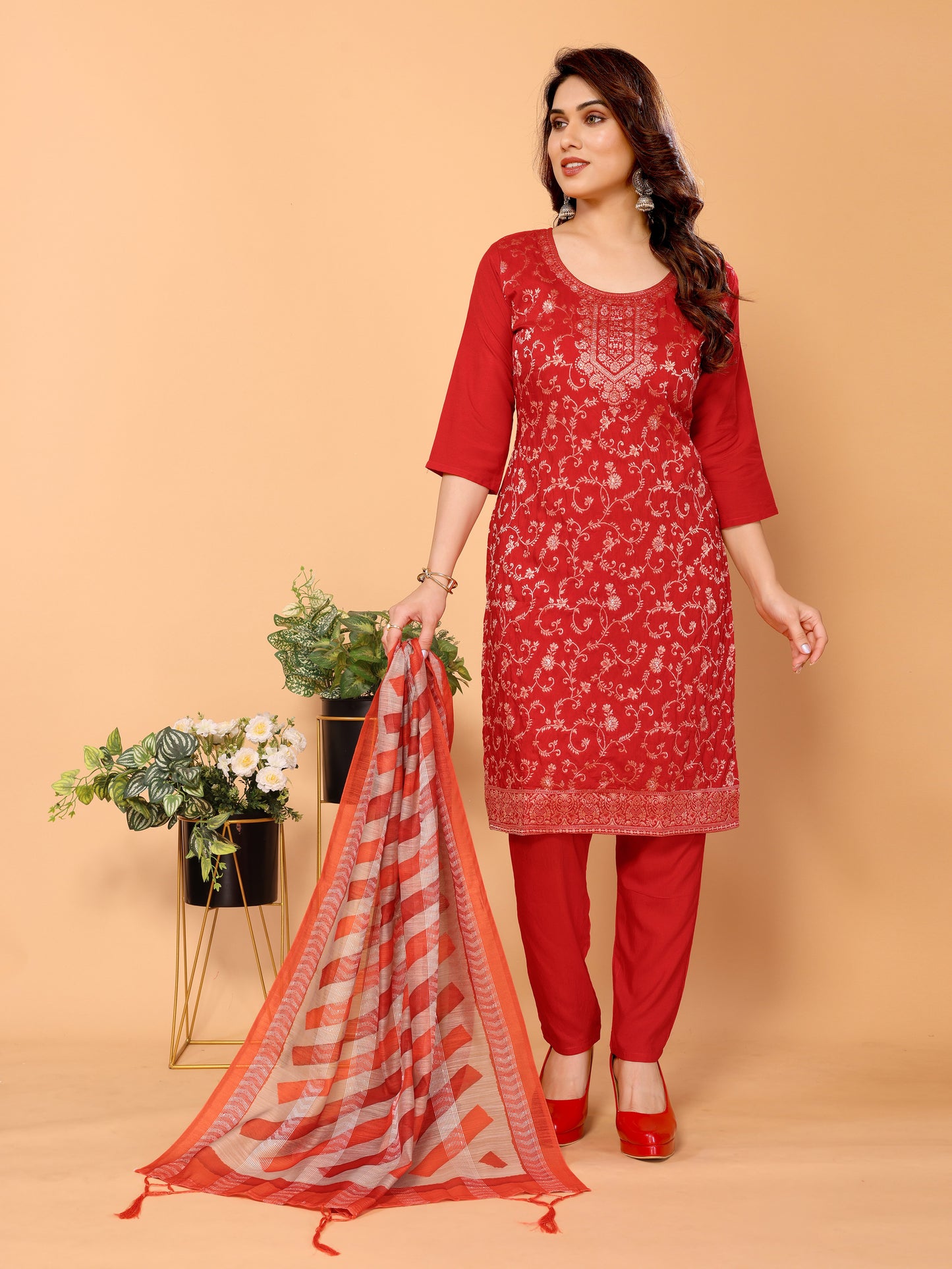 Red Floral Woven Design Viscose Kurta set with Dupatta