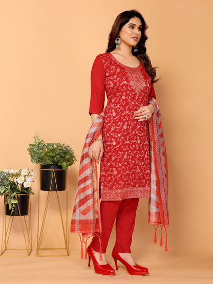 Red Floral Woven Design Viscose Kurta set with Dupatta