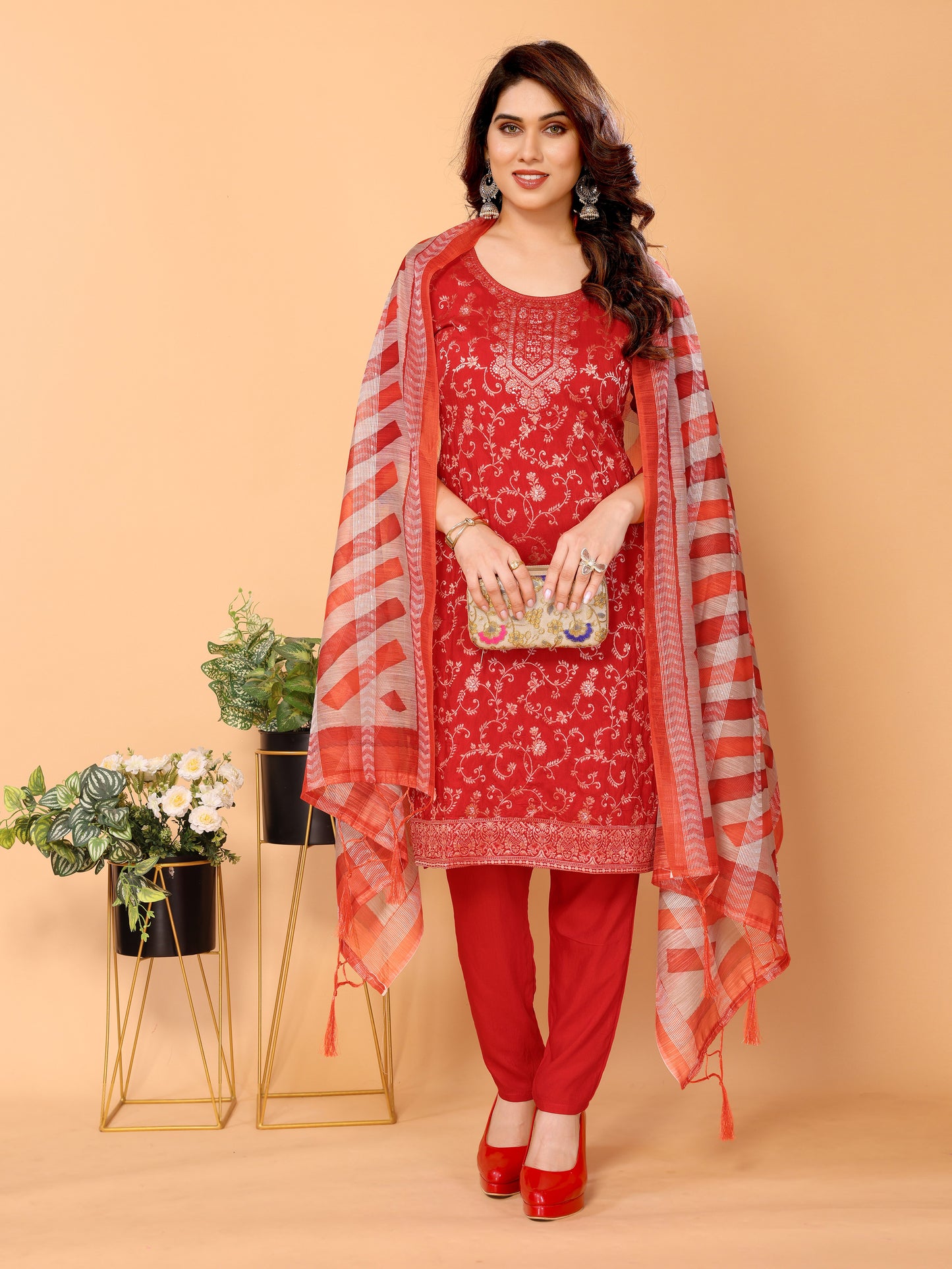 Red Floral Woven Design Viscose Kurta set with Dupatta