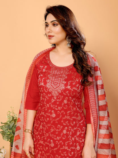 Red Floral Woven Design Viscose Kurta set with Dupatta