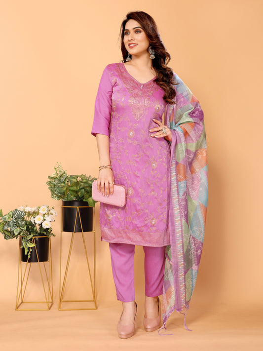 Pink Floral Woven Design Pure Viscose Kurta set with Dupatta