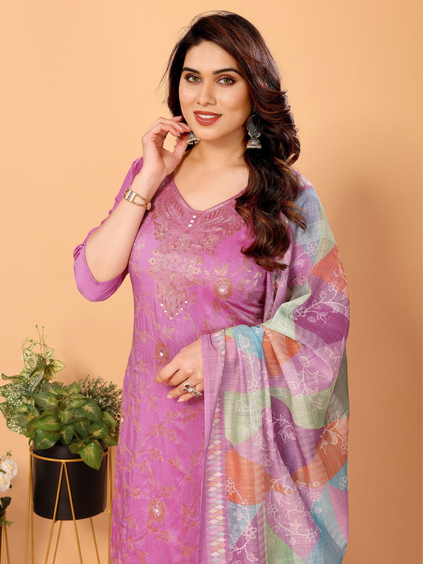 Pink Floral Woven Design Pure Viscose Kurta set with Dupatta