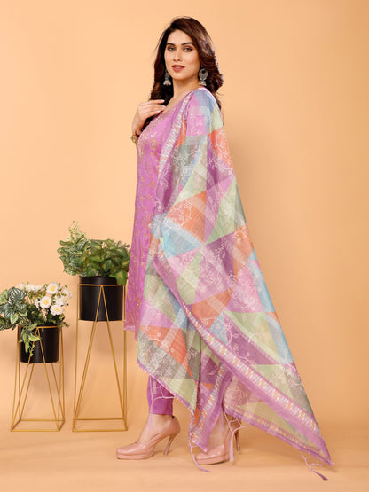 Pink Floral Woven Design Pure Viscose Kurta set with Dupatta