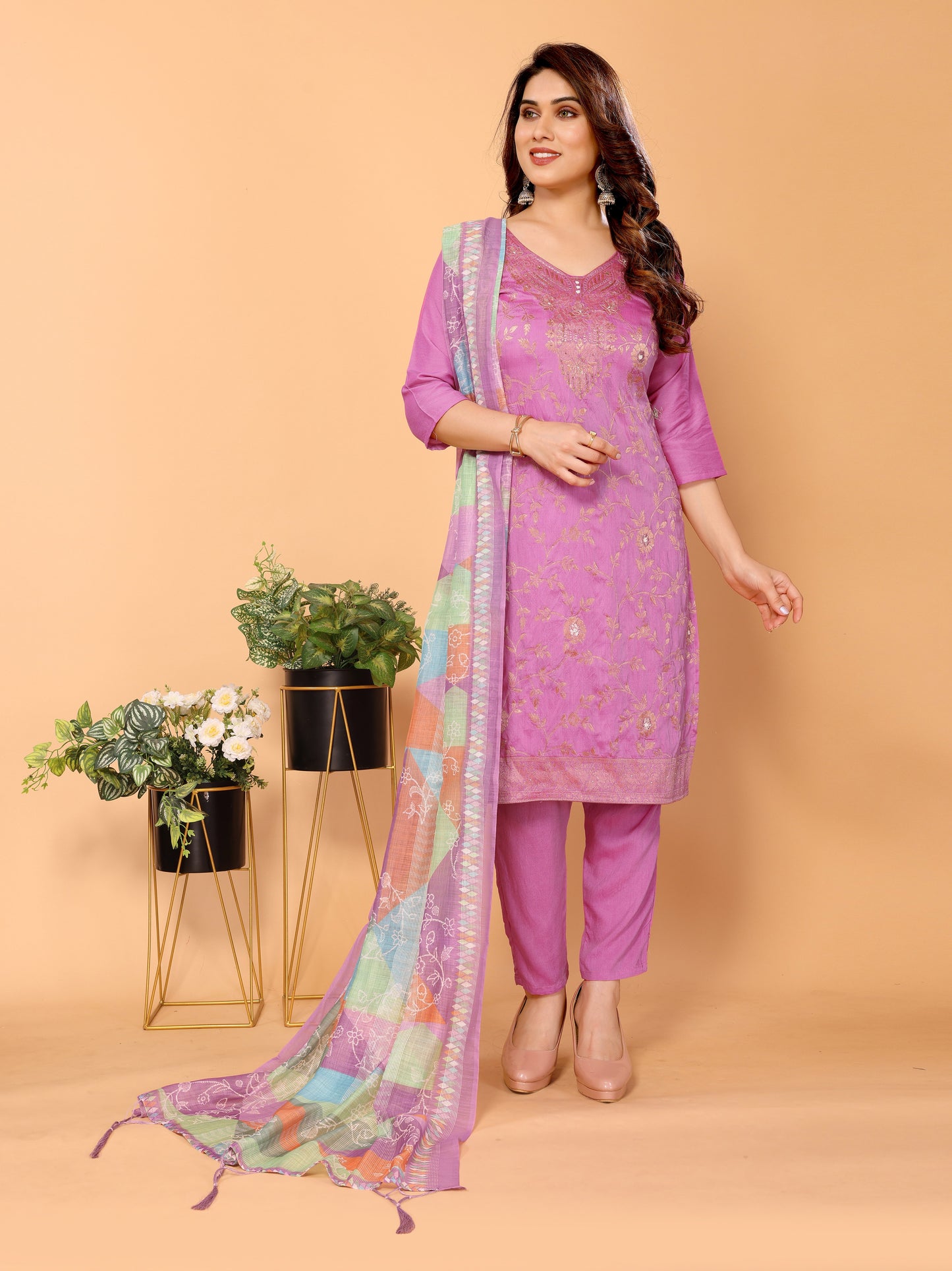 Pink Floral Woven Design Pure Viscose Kurta set with Dupatta