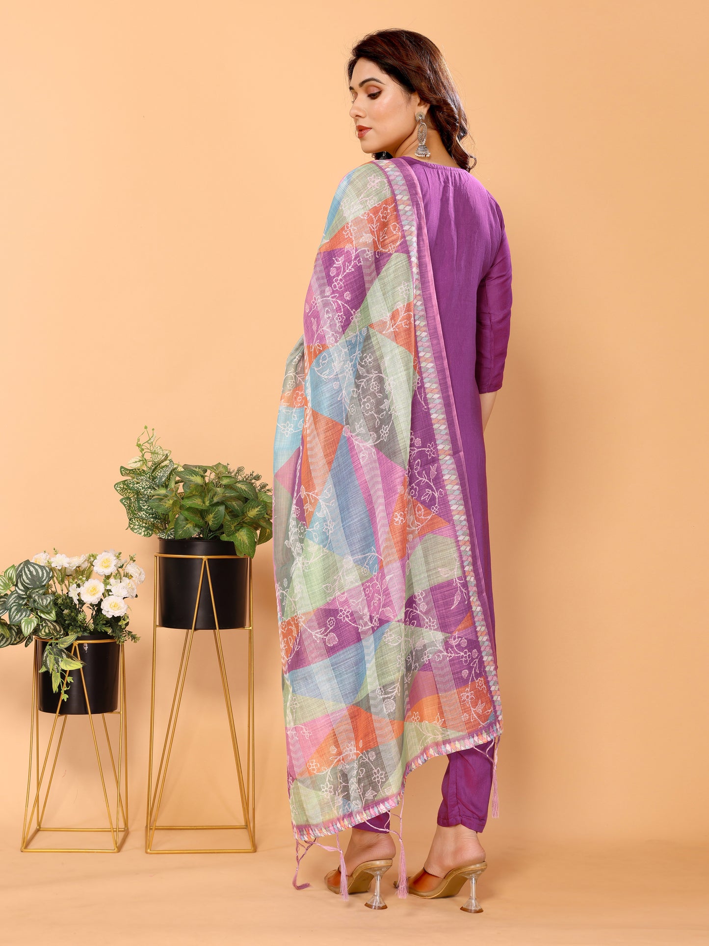 Purple Ethnic Motifs Viscose Festive Wear Kurta set with Dupatta