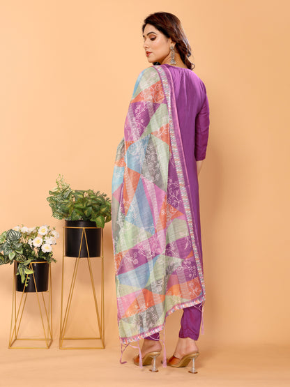 Purple Ethnic Motifs Viscose Festive Wear Kurta set with Dupatta