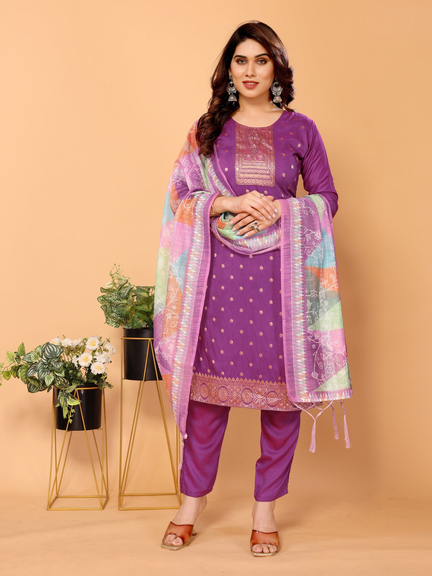 Purple Ethnic Motifs Viscose Festive Wear Kurta set with Dupatta