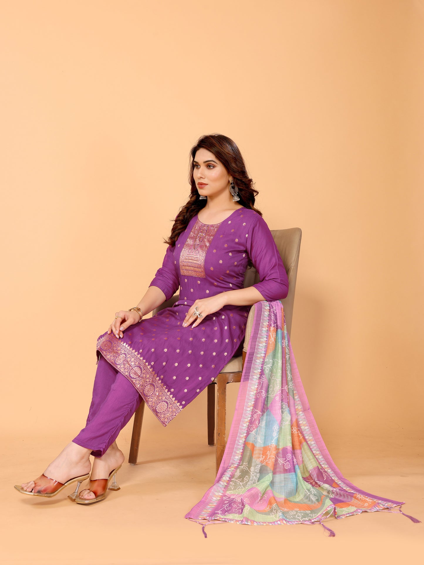 Purple Ethnic Motifs Viscose Festive Wear Kurta set with Dupatta