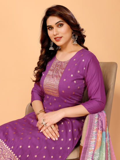 Purple Ethnic Motifs Viscose Festive Wear Kurta set with Dupatta