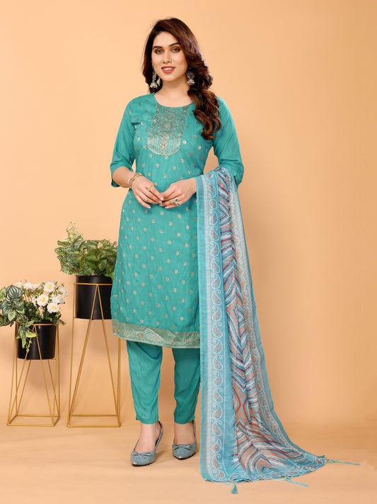 Blue Floral Woven Design Viscose Kurta set with Dupatta