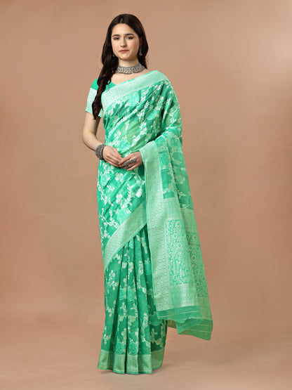 Poly Cotton Saree with Silver Zari and Matching Blouse Piece