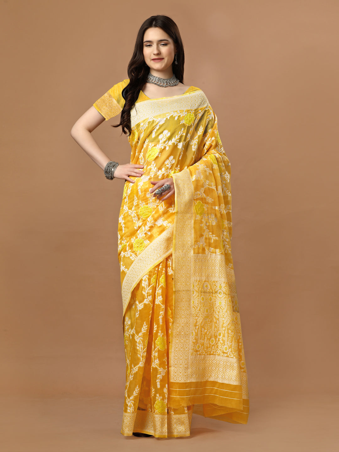 Poly Cotton Saree with Silver Zari and Matching Blouse Piece