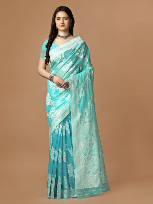 Silver Zari Poly Cotton Saree with Matching Blouse Piece