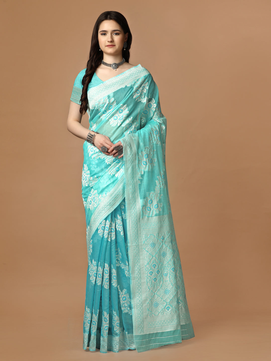 Poly Cotton Saree with Silver Zari and Matching Blouse Piece