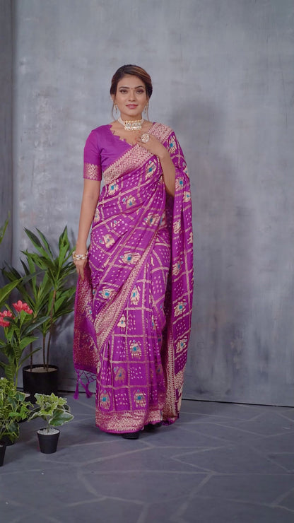 Purple Bandhej Bandhani Misco Gaji Patola Check Bandhani Saree